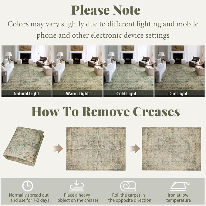Machine Washable Rugs for Living Room: 8x10 Area Rugs for Bedroom Ultra Soft Non-Slip Low Pile Vintage Distress Boho Large Carpet for High-Traffic Dining Room - Farmhouse Decor