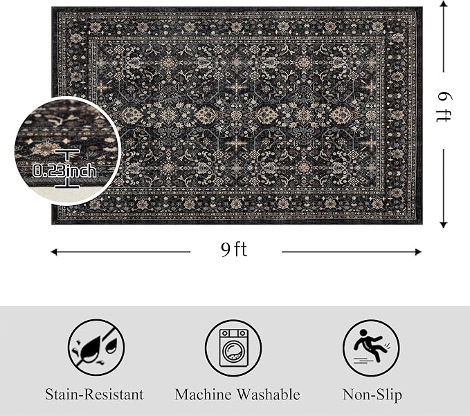 Ruaruarug Washable Area Rug 6x9 for Living Room, Bedroom, Ultra Soft Non Slip Stain & Fade Resistant, Pet & Kids Friendly, Suitable for High Traffic Areas Easy to Clean for Office Kitchen, Black Grey