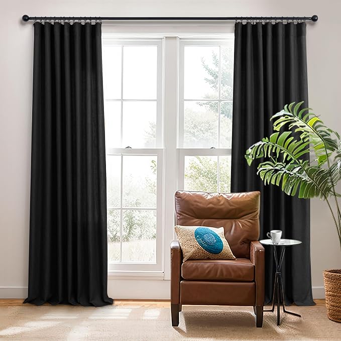 Pitalk 102 Inch Long Curtains Black for Living Room Dinning 2 Panel Set Back Tab Pocket Light Filtering Large Window Drape Boho Modern Farmhouse Linen Curtain 102 Length for Sliding Glass Door Bedroom