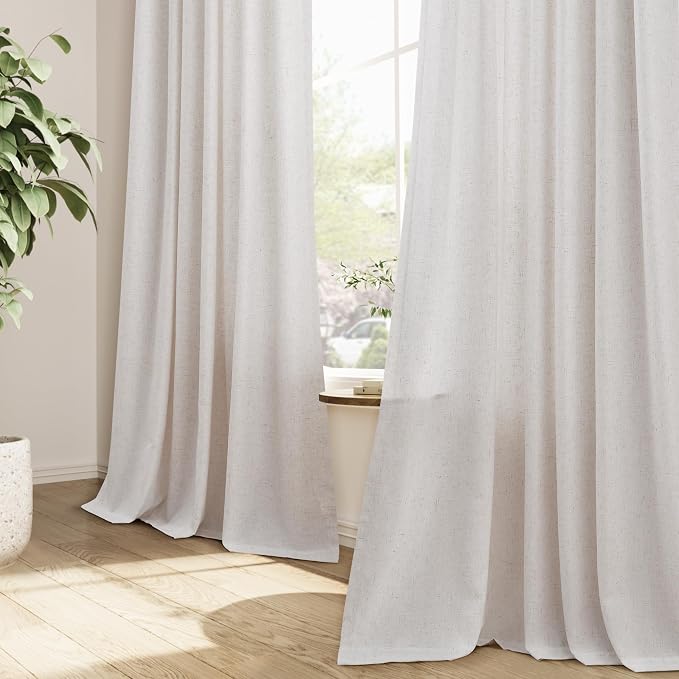 Guken Beige Linen Pinch Pleated Curtains 96 Inch Length 2 Panels 8 FT Boho Farmhouse for Living Room Bedroom Window Privacy Light Filtering Semi Sheer Back Tab Drapes with Hooks for Dining Room 40x96
