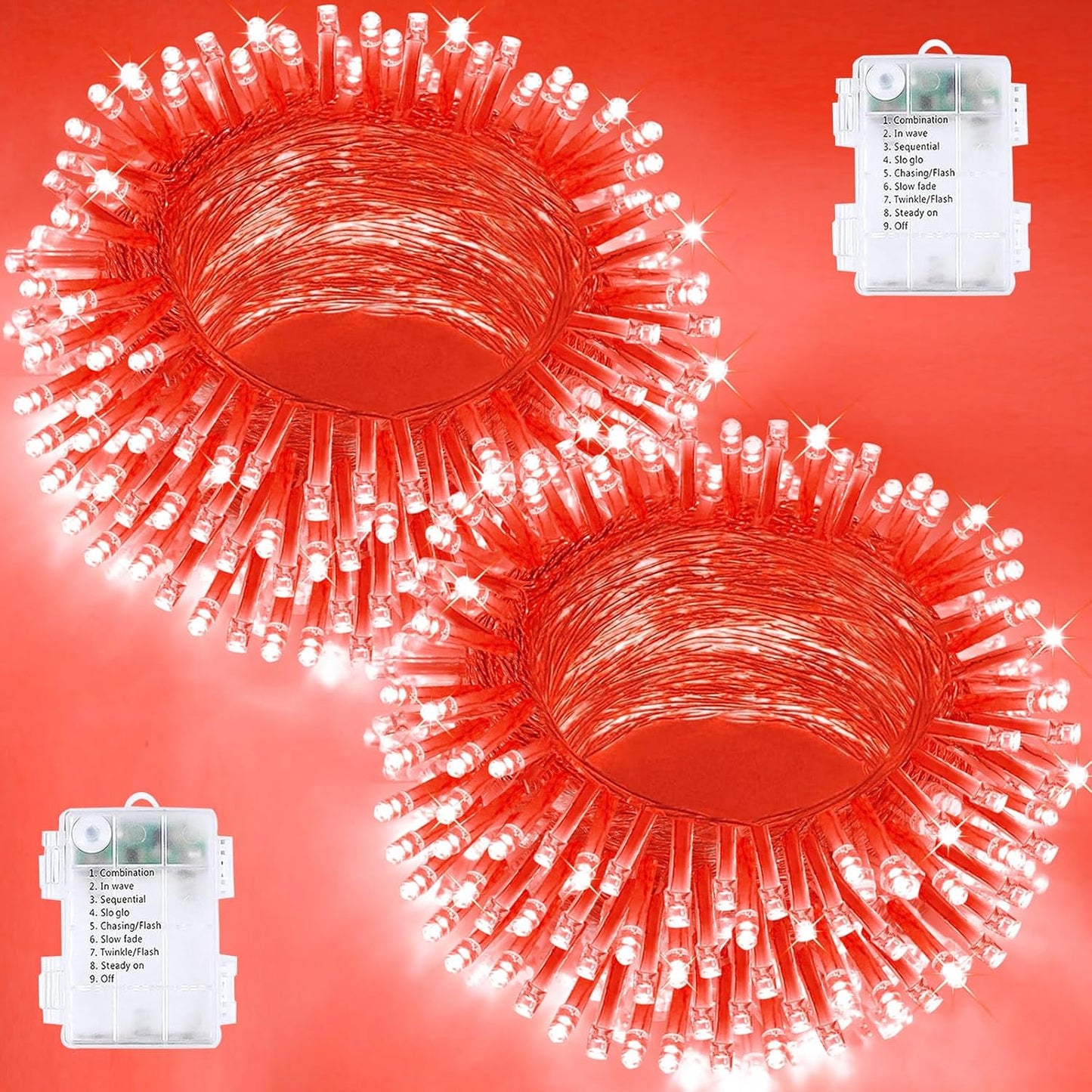 2 Pack Halloween String Lights Battery Operated with Timer, 66FT 200 LED Waterproof Battery Twinkle Lights, 8 Modes Fairy Light for Indoor & Outdoor Party Bedroom Garland Tree Christmas Decor (Red)