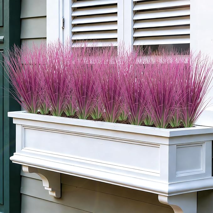 24 Bundles Artificial Grass Plants Outdoor Tall Faux Shrubs Greenery Stems Fake Onion Grasses Wheat UV Resistant for Outside Garden Indoor Office Home Decor（Pink）