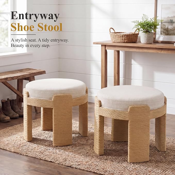 Round Ottoman Set of 2, Boho Hand-Woven Rope Upholstered Ktichen Vanity Chairs Accent Stool Fully Assembled for Bedroom Living Room, Beige Linen