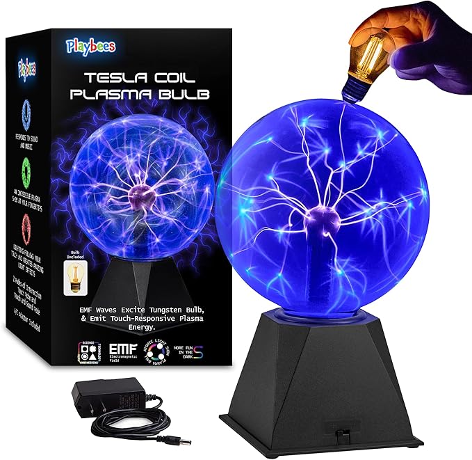Playbees Blue Plasma Ball - 7 Inch - Tesla Coil Bulb Static Electricity in a Vacuum Pressurized Glass Globe, Nebula, Thunder Lightning, Plug-in - for Parties, Decorations, Prop, STEM