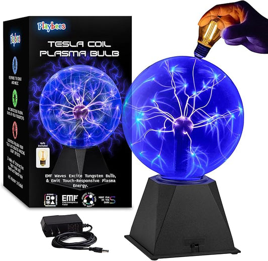 Playbees Blue Plasma Ball - 7 Inch - Tesla Coil Bulb Static Electricity in a Vacuum Pressurized Glass Globe, Nebula, Thunder Lightning, Plug-in - for Parties, Decorations, Prop, STEM
