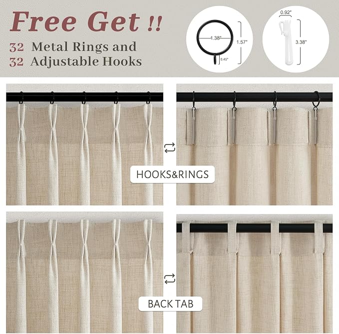 Natural Pinch Pleated Linen Curtains 96 Inches Long for Living Room 4 Panels Set, Memory Trained Light Filtering Sliding Door Rustic Sheer Curtain Privacy Heavy Window Drapes 8FT Length with Back Tab