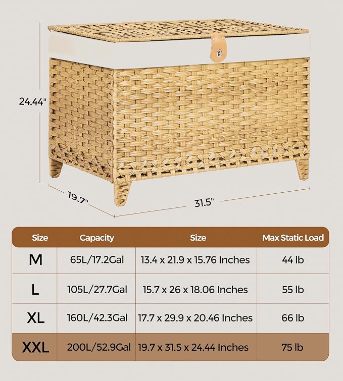 Honjourai Wicker Storage Basket with Lid,Rattan Shelf Basket with Removable Liner Bag,200L Storage Bin,Storage Trunk with Heightened Feet,Storage Container for Wardrobe,Home Organizer