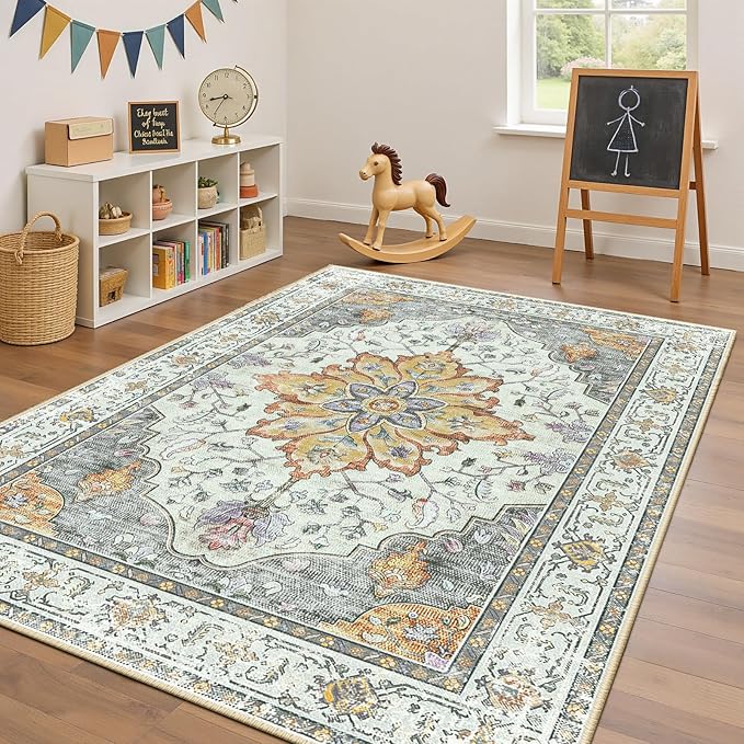 RELEANY Area Rugs 4'x6' Washable Non-Slip, Floral Vintage Distress Print Pattern Medallion Carpet for Living Room Bedroom Dining Room, Light Yellow Carbon Grey Orange