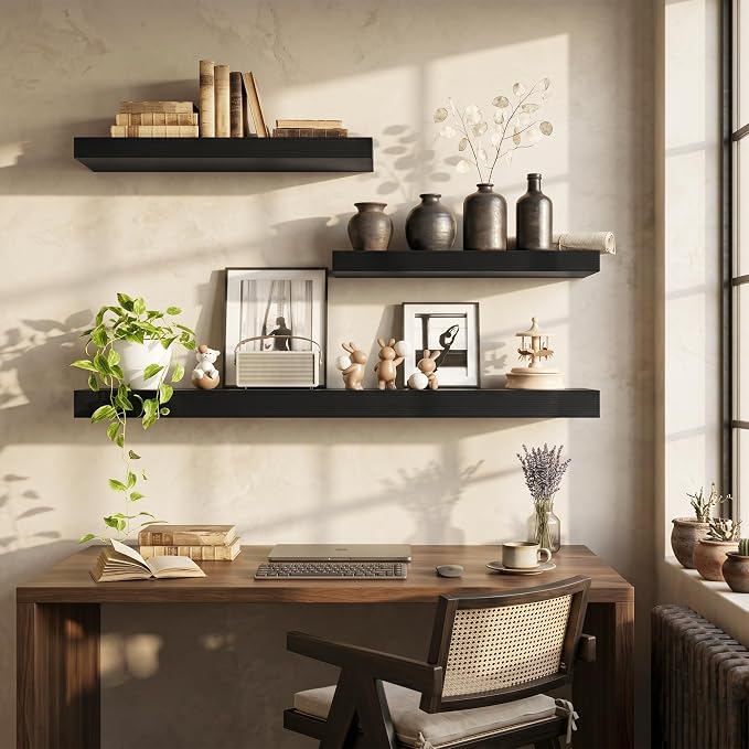 FLYJOE 20 Inch Floating Shelves, 12 Inch Deep Floating Shelves Set of 2, 20''W x 12''D Black Wood Shelves for Wall, Bathroom Available, Engineered Wood, Mounting Hardware Included