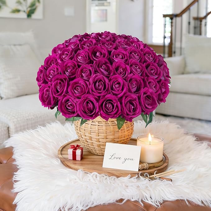 50 PCS Roses Artificial Flowers, Fake Roses with Stem Realistic Magenta Silk Roses for DIY Wedding Bouquets Table Centerpieces Arrangements Baby Shower Birthday Home Decor Valentine's Day Gift for Her