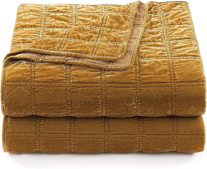 HiEnd Accent Stella Faux Silk Velvet Double Box Stitch 3 Piece Quilt Set, King Size, Saffron Solid Color, Classic Chic Modern Rustic Elegant Bedding Set, Lightweight Bed Set