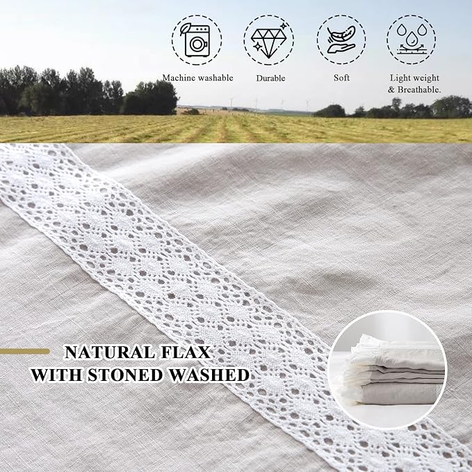 Simple&Opulence 100% Linen Duvet Cover Set (104"x92") Floral Flax King Size, Shabby Chic Ruffle Edge Lace Insert Decoration, 3 Pcs Farmhouse Bedding-1 Comforter Cover 2 Pillow Shams, Floral Grey