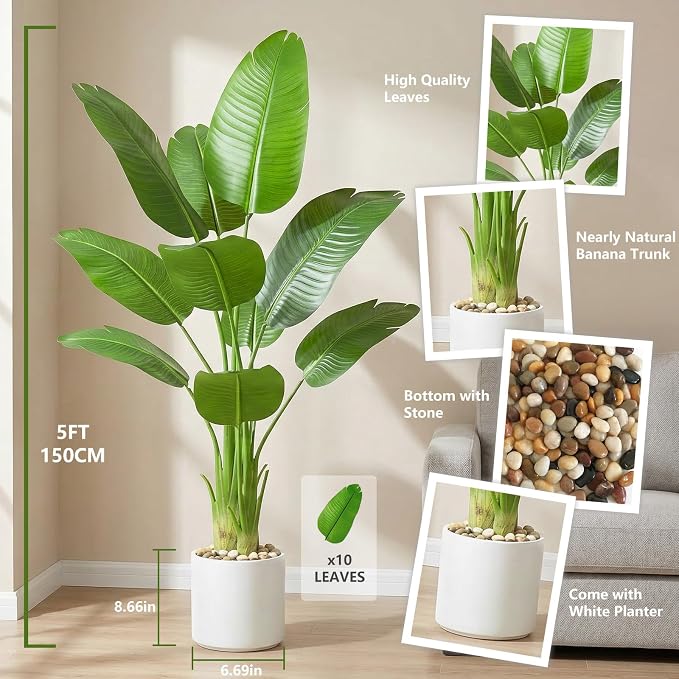 Artificial Bird of Paradise Plant 5FT Fake Palm Tree Feaux Plants in White Pot Artificial Tree Fake Plant for Indoor Outdoor Modern Decoration for Home Living Room Office