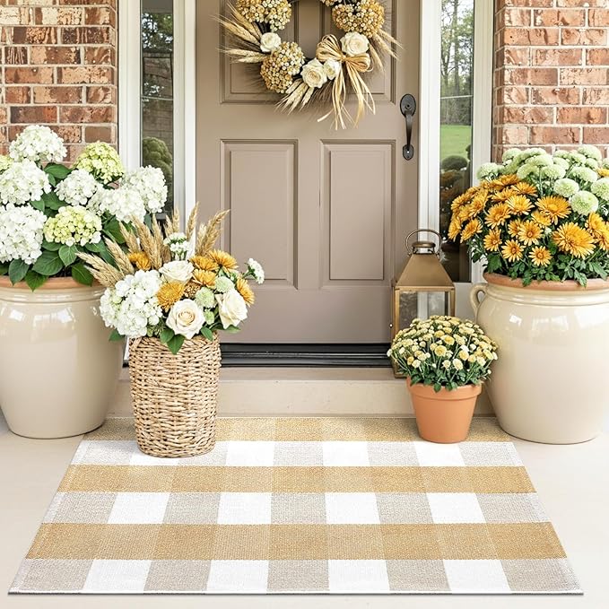 OLANLY Buffalo Plaid Rug 2' x 4'3" – Beige and White Cotton Checkered Doormat, Washable Indoor Outdoor Rug for Layered Front Porch, Kitchen, Entryway Decor