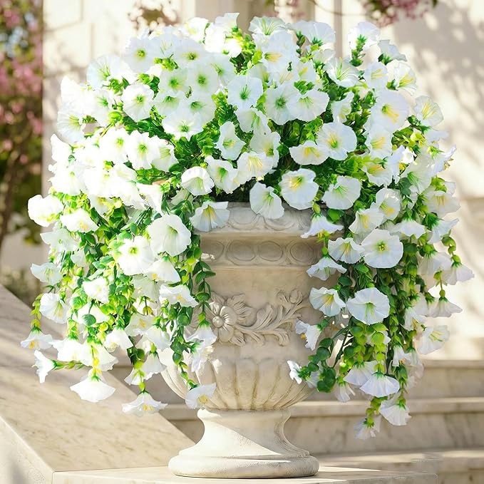 Ivydale 2 PCS Artificial Hanging Flowers Fake Plants for Winter Christmas Outdoor,Faux Silk White Morning Glory with Eucalyptus UV Resistant Realistic Hanging Petunias Vines for Home Garden Decor