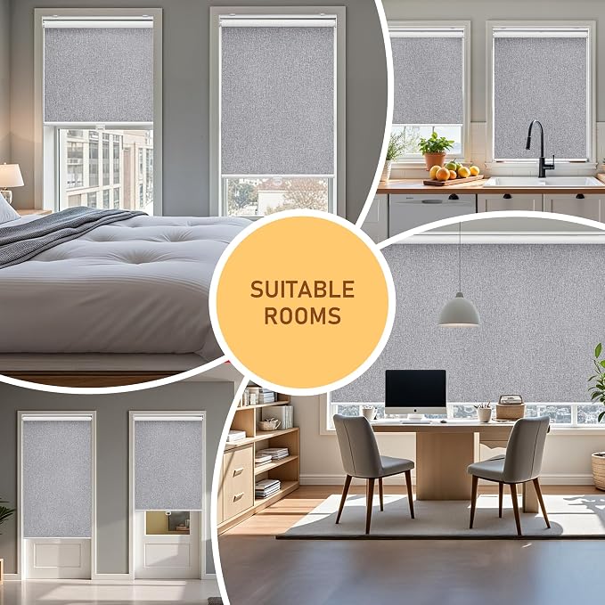 Cordless Roller Shades Blackout Blinds for Windows Room Darkening Rolled Up Shades with Spring System, UV Protection Natural Linen Fabric Window Shades Door Blinds for Home,26" W x 72" H, Heather Grey