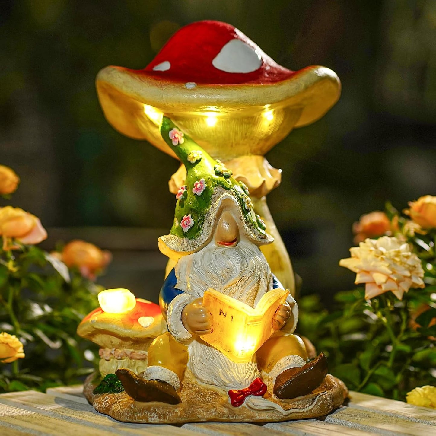 Upgraded Size Solar Garden Outdoor Statues Gnome Reading Under Mushroom with 5 LED Solar Figurine for Lawn,Patio,Balcony,Yard Decor Unique Housewarming Gift for Grandfather, Father,Grandma,Wen