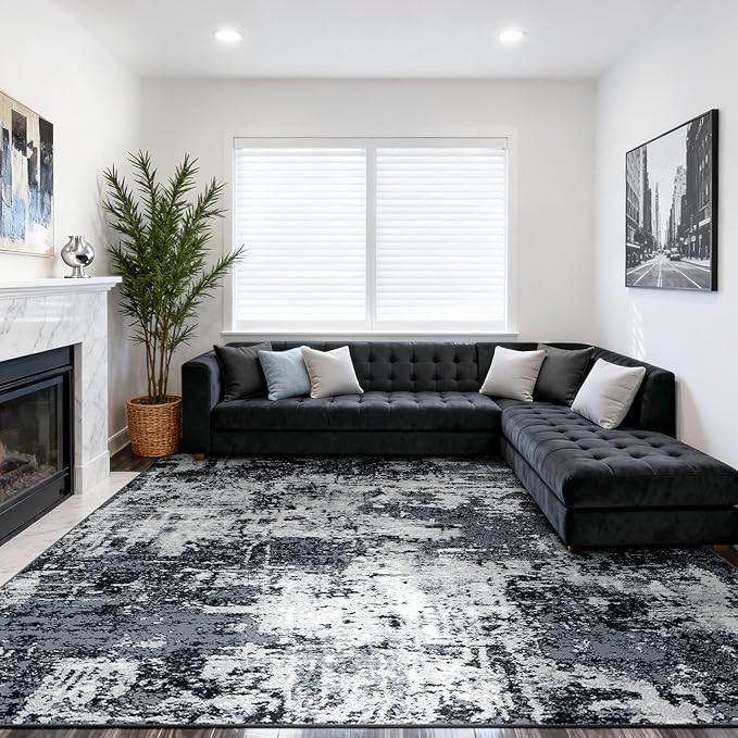 RELEANY Washable Area Rugs 10'x12' Non-Slip Modern Abstract Soft for Living Room Entryway Bedroom Nursery, Print Pattern, Black Navy Blue Gray