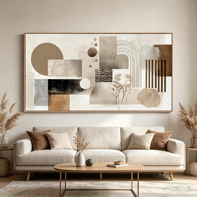Sorbrozo Framed Abstract Arch Wall Art Modern Geometric Line Art Canvas Print Natural Wood Frame Minimalist Boho Earth Tone Decor for Living Room Bedroom Office 20x40 inch