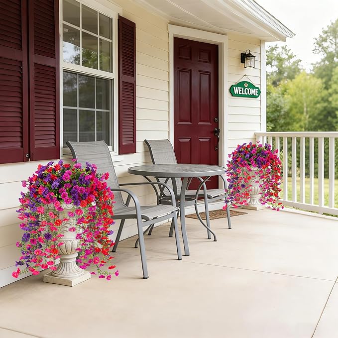 Fake Artificial Hanging Morning Glory Flowers for Outdoor Planters Porch Pation Decoration,8 Bundles UV Resistant Silk Faux Flowers with Realistic Eucalyptus Plants for Home Office Garden Decor