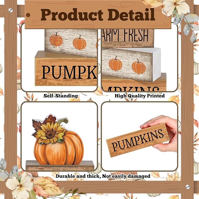 Lineshading 4 Pcs Thanksgiving Pumpkin Decor Fall Table Decoration Fall Tiered Tray Decor Thanksgiving Centerpiece Rustic Decorative Pumpkin Block Signs Farmhouse Harvest Decoration for Home Kitchen