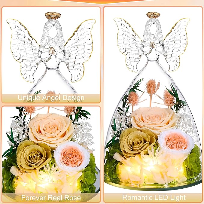 Mothers Day Rose Gifts for Women Preserved Real Flower in Glass Angel Figurines Roses for Delivery Prime Birthday Gifts for Mom Grandma Girlfriend Wife Her, ChampagneGold Austin