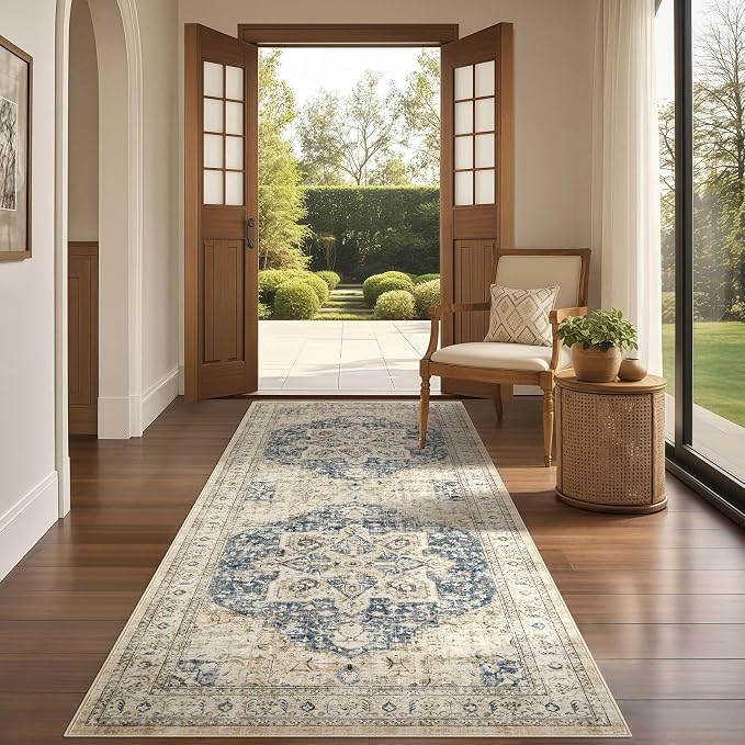 Tortania Area Rug 2x8 Runner Rugs - Washable Vintage Oriental Farmhouse Thin Indoor Carpet for Living Room Bedroom Hallway Entryway Kitchen Under Dining Table Home Office - Cream/Blue