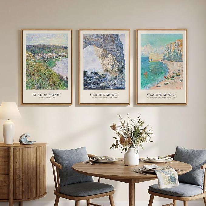 3 Piece Framed Monet Landscape Wall Art for Living Room, Large Impressionist Vintage Coastal Picture Canvas Prints Painting, Classic Nature Artwork Decor for Bedroom Hallway 16x24 Inch