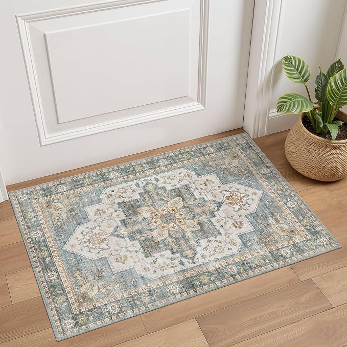 Tortania Area Rug 2x3 Doormat - Washable Vintage Oriental Farmhouse Soft Thin Indoor Carpet for Living Room Bedroom Hallway Entryway Kitchen - Muted Teal