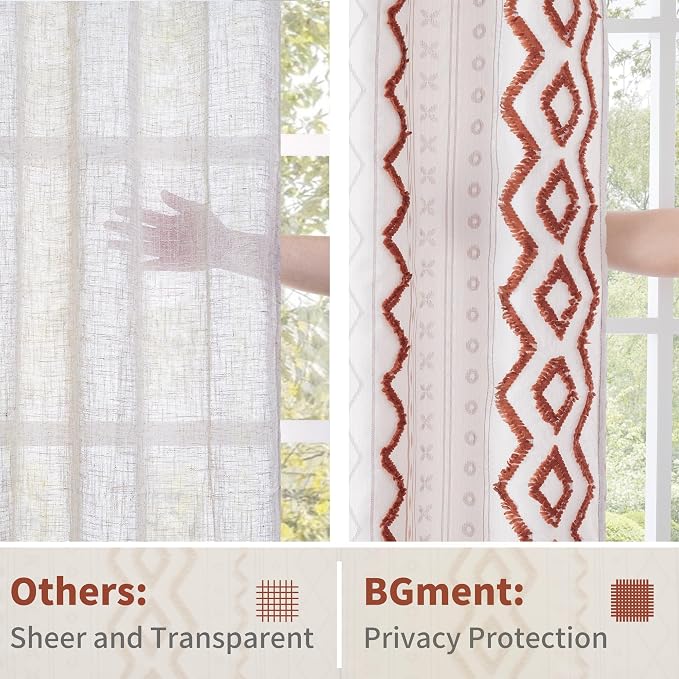 BGment Terracotta Jacquard Curtains for Living Room, Boho Tufted Pom Stripe Geometric Drapes with Grommet for Bedroom Fall Decor, 52 X 84 Inch, 2 Panels