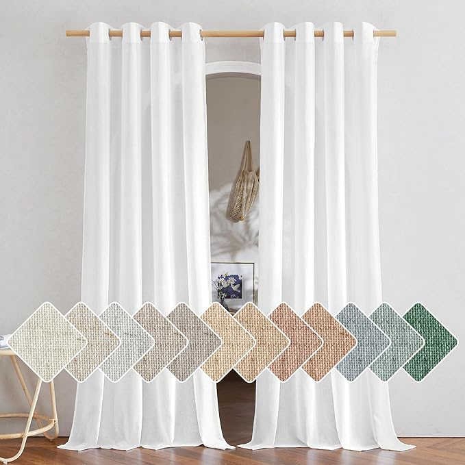 NICETOWN Linen White Curtains 84 inch Length 2 Panels Set, Grommet Thick Flax Linen Blend Window Treatment Privacy Assured with Light Filtering for Bedroom/Living Room, W55 x L84