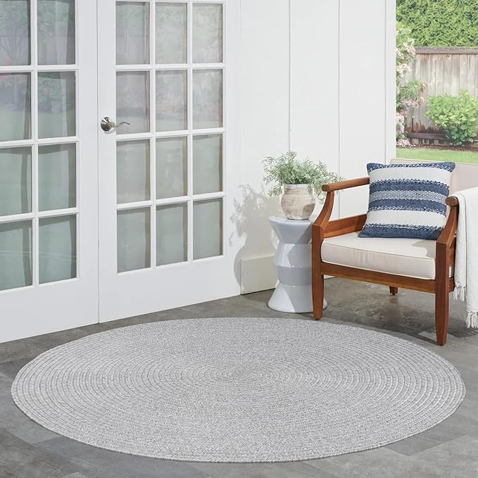 Superior Indoor/Outdoor Area Rug, Reversible Braided Floor Decor for Living Room, Kitchen, Patio, Front Porch, Modern Boho Farmhouse Rugs, Hardwood, Bedroom Accessories, 4' Round, Slate