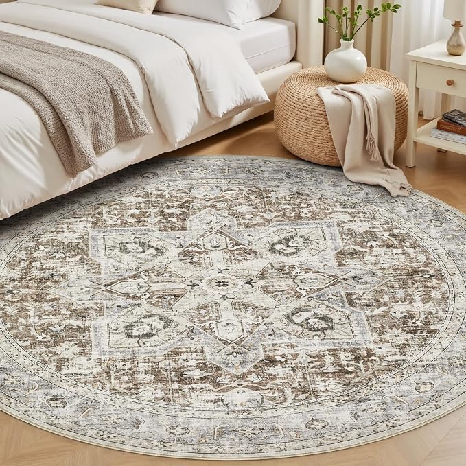 Tortania 4' Round Area Rug Living Room Rugs - Washable Boho Rug Vintage Oriental Distressed Farmhouse Large Thin Indoor Carpet for Bedroom Under Dining Table Home Office - Brown Blue