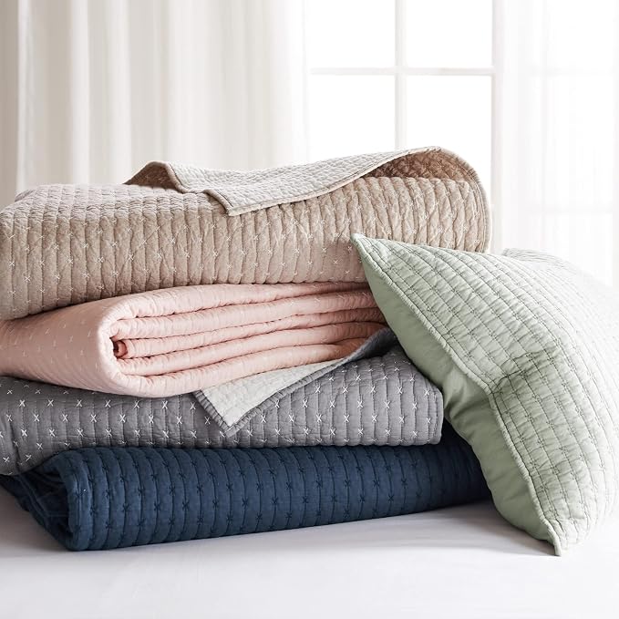 Levtex Home Cross Stitch Reversible King Bedspread Set (120x104in) with 2 Pillow Shams (36x20in) - Stitch Texture - Desert Sage - Cotton King Size Bedspread Set - Soft, Pre-Washed