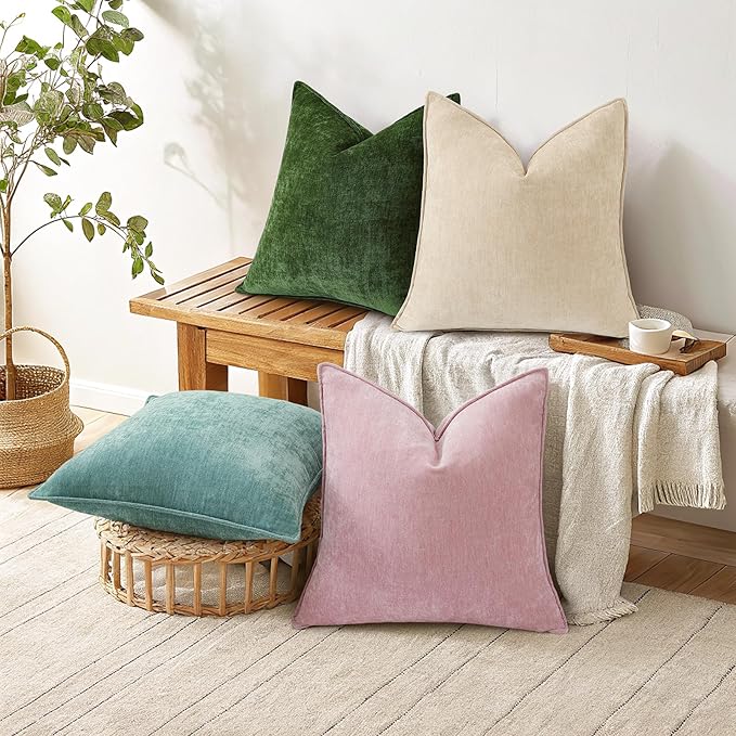 decorUhome Summer Couch Euro Sham Throw Pillow Covers 24x24 Set of 2, Decorative Soft Velvet Modern Cozy Chenille Pillow Cases with Elegant Design for Sofa Bed Living Room Home Decor, Beige