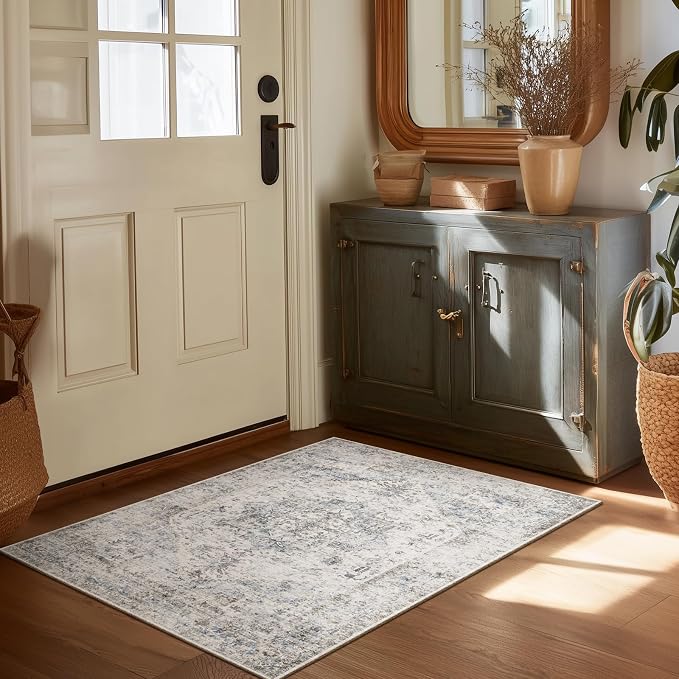 Machine Washable Area Rugs for Entryway: Door Mat Indoor Entrance 2x3 Boho Rug Vintage Distress Non-Slip Low Pile Soft Throw Carpet for High-Traffic Areas Kitchen, Hallway, Farmhouse Decor