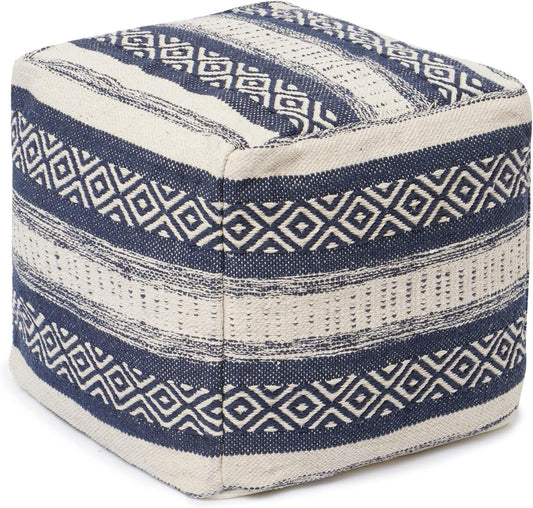REDEARTH · Tufted Pouf Ottoman with Filler Textured Storage Cube Bean Bag Pouffe Footrest for Living Room, Bedroom, Nursery, Home Decor; 100% Cotton (17.5"X17.5"X17.5", Indigo Impressions)