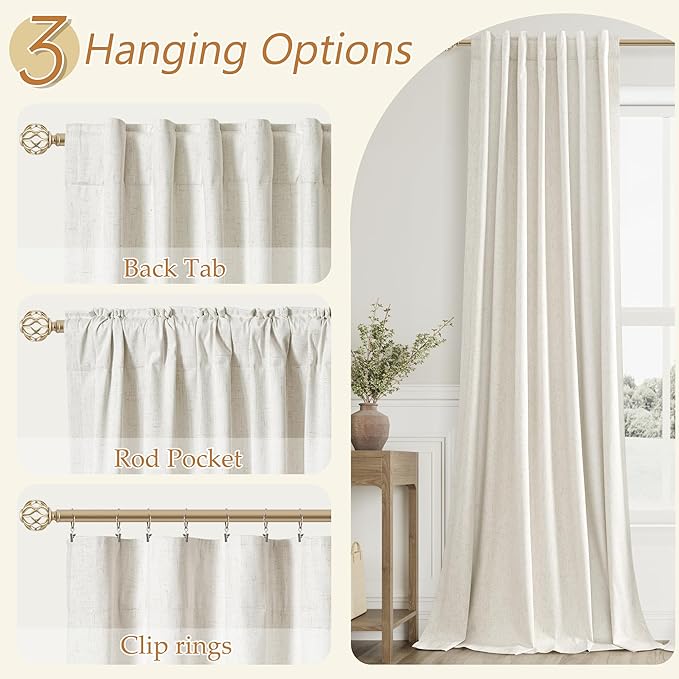 Guken Cream 100% Blackout Linen Curtains 95 Inch Length 2 Panels Set for Living Room Bedroom Back Tab Thermal Insulated Black Out Drapes Room Darkening Farmhouse Window Curtains,52x95