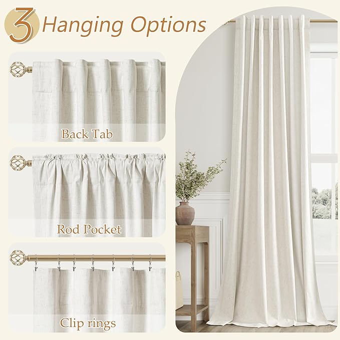 Guken Cream 100% Blackout Linen Curtains 96 Inch Length 2 Panels Set for Living Room Bedroom Back Tab Thermal Insulated Black Out Drapes Room Darkening Window Curtains Ivory Natural
