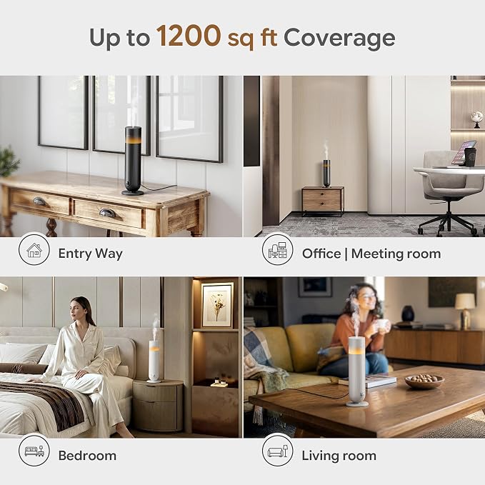 Airversa U1 Smart Tower Waterless Essential Oil Diffuser for Room, Black | Up to 1200 sq ft, App Control, Cold Air, 120mL, DC-12V/1A Plug in Wall, Smart Scent Air Machine, For Home & Commercial Spaces