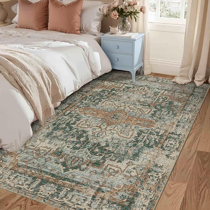 Rugxara 3x5 Rug for Entryway Bedroom, Green 3x5 Washable Area Rug, Vintage Retro Boho Throw Rug, Non Slip & Low Pile Small Carpet for Indoor Kitchen, Bedside, Living Room, Bathroom and Dining