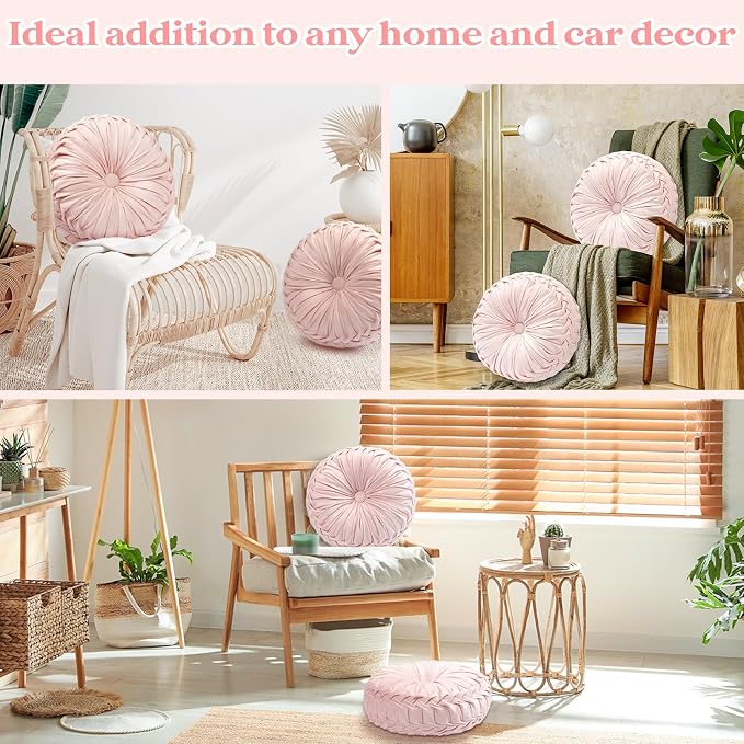 Beeveer 4 Pcs Round Throw Pillows 15 Inch Decorative Velvet Pleated Pumpkin Pillows Boho Floor Pillow with Center Button for Living Room Couch Chair Bed Sofa Home Decoration (Light Pink)