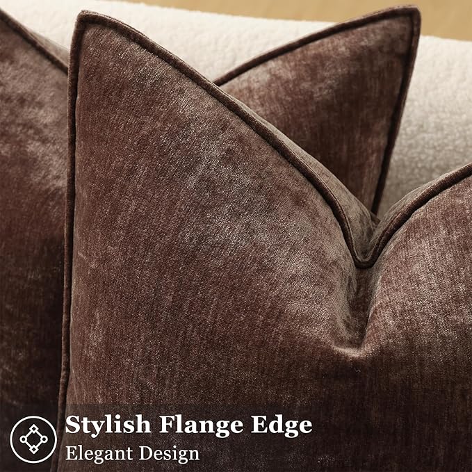 decorUhome Summer Couch Euro Sham Throw Pillow Covers 22x22 Set of 2, Decorative Soft Velvet Modern Cozy Chenille Pillow Cases with Elegant Design for Sofa Bed Living Room Home Decor, Dark Brown