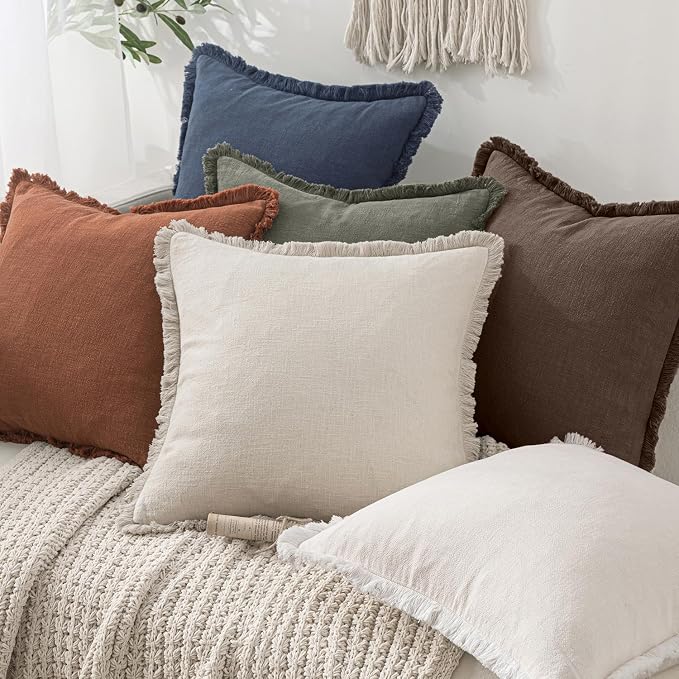 MIULEE Decorative Throw Pillow Covers Neutral Linen Fringe Throw Pillows Euro Shams Set of 2 Reddish Brown Boho Farmhouse Cushion Covers for Couch Sofa Bed Living Room Fall Home Decor 24x24 Inch