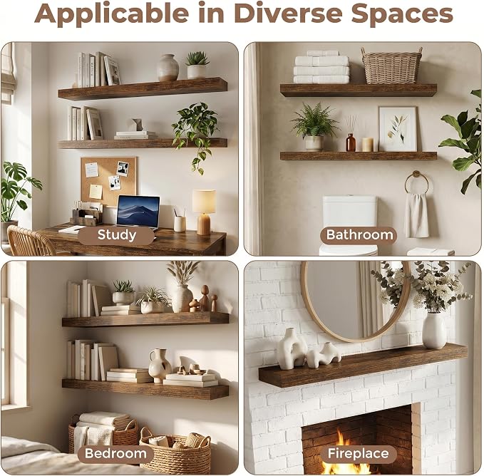 30 Inch Floating Shelves for Wall, 8"D Wood Storage Shelves, Brown Finish | Engineered Wood, Invisible Bracket, Large Storage, Easy Install, Hold Up to 44lbs, Living Room, Bathroom, Bedroom, Kitchen