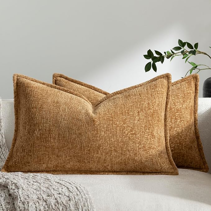 DEZENE Pack of 2 Golden Brown Decorative Throw Pillow Covers 12x20 Cozy Soft Chenille Accent Vintage Rectangular Lumbar Couch Pillow Covers for Home Decor Bed Sofa Living Room
