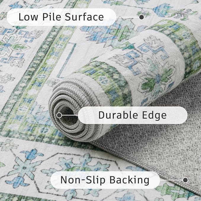 DCX 2x6 Runner Rug, Small Vintage Boho Area Rug, Washable Non Slip Rug Runner Carpet for Kitchen Floor, Hallway, Laundry, Bedroom Low Pile Soft Pastel Runner Green and Cream