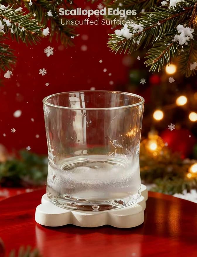 Marble Coasters Set of 4, Handcrafted Drink Protectors, Natural Stone Coaster Bar & Table Decor, Modern Desk Aesthetic Accessories, Non-Slip Luxury Gift (White Marble Square Scalloped)