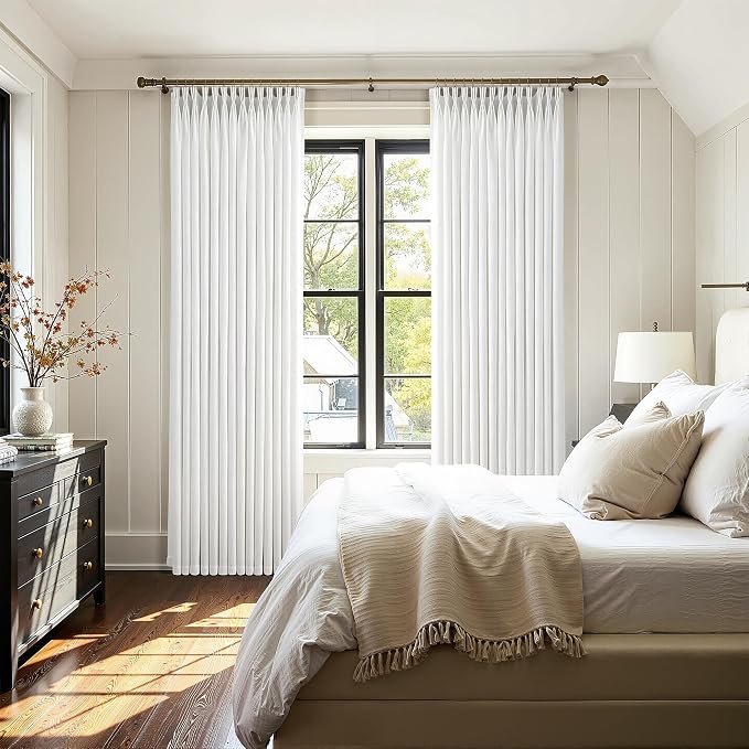 105 Inch Long White Pinch Pleated Linen Curtains 2 Panels Set for Living Room Bedroom Pinch Pleat Curtains Ivory Cream Semi Sheer Light Filtering Privacy Curtain 105 Inch Length for Sliding Door