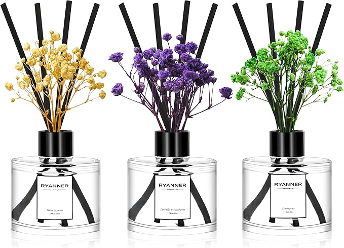 Reed Diffuser Set of 3 Pack,Lavender Eucalyptus/White Jasmine/Lemongrass Scented Oil Diffuser with Sticks(1.7 fl oz Each Pack),Air Freshener for Bedroom Bathroom Office | Shelf Decor